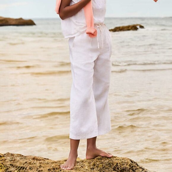 Lands End Women's Linen Wide Leg Pants Size LP High Rise Pockets Crop White Boho - Picture 4 of 10